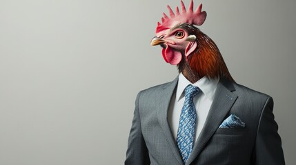 Surreal portrayal of a rooster head businessman, confidently donning a suit and tie against a minimalist grey background, blending humor with elegance