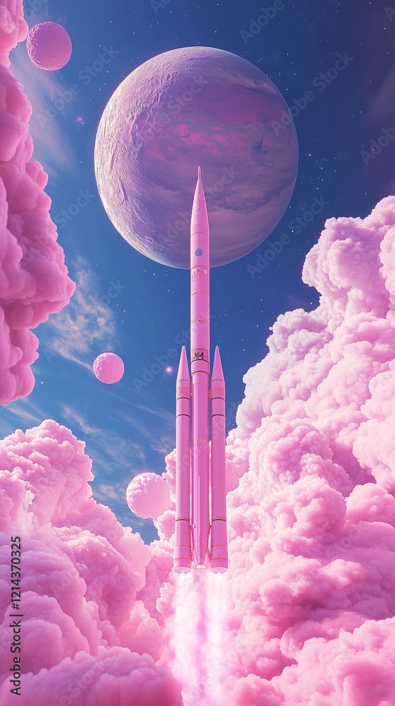 Poster pink rocket ship launching from planet earth through pink clouds towards a new planet in space explo