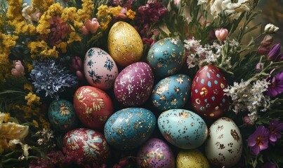 Obraz premium Colorful decorated eggs and spring flowers arranged for a festive celebration