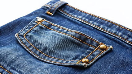 Jeans Pocket Detail, Empty Denim Pocket, Isolated White Background, Closeup Fabric Texture, Casual Style