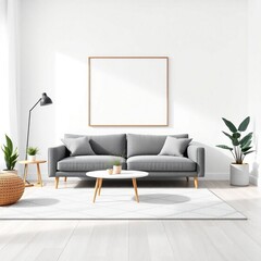 Frame mockup, ISO A paper size. Poster mockup on living room wall. Interior mockup with modern minimalist living room design. A bright, elegant space with a white sofa,