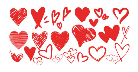 Set of red hearts in different pose. Collection of heart illustration with different style .Vector symbol icon set. white backgrounds