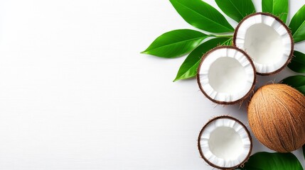 Three coconuts are on a white background. The coconuts are cut open and the white flesh is visible. The coconuts are surrounded by green leaves, which add a natural and fresh touch to the image