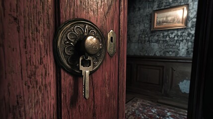 The landlord's key, which is used to unlock the house, has been inserted into the keyhole of the door. 