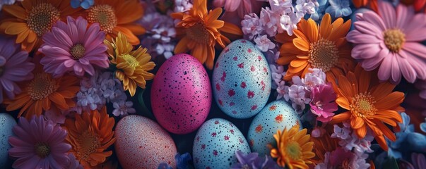 Colorful decorated eggs surrounded by blooming flowers for Easter celebration
