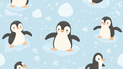 Obraz premium Playful penguins perched on icy platforms, drifting amid swirling snowflakes across pale blue winterscape