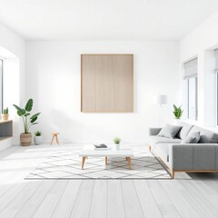Frame mockup, ISO A paper size. Poster mockup on living room wall. Interior mockup with modern minimalist living room design. A bright, elegant space with a white sofa,