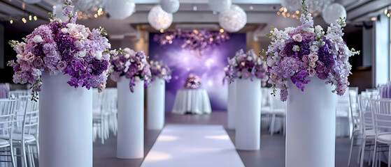 Elegant wedding ceremony setup modern venue floral arrangements chic atmosphere wide angle celebration theme