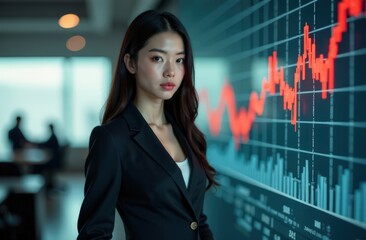 Asian Businesswoman and An upward trading stock market graph displayed on a large screen	