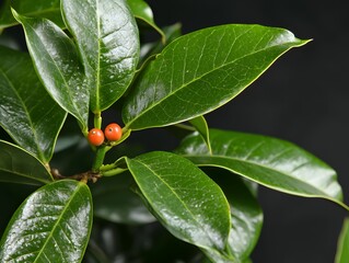 Fototapeta premium Close up of Fresh Green Leaves on a Plant against Dark Background