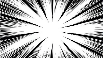 Fototapeta premium Black-and-white comic explosion with vibrant radial lines erupting from its core against a stark white backdrop, capturing intense motion and drama at eye level. 