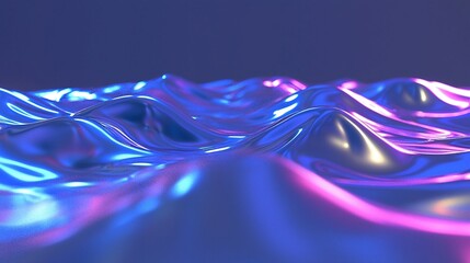 Abstract iridescent metallic waves, glowing neon blue and pink.