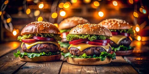 Juicy Hamburgers on Rustic Wood: Nighttime Restaurant Scene