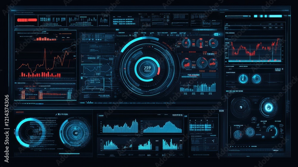 Poster abstract digital interface with holographic financial graphs and charts on a dark background with co