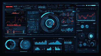 Fototapeta premium Abstract digital interface with holographic financial graphs and charts on a dark background with copy space.