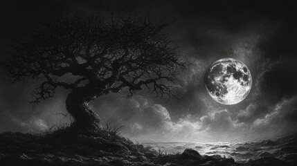 Monochromatic landscape featuring a gnarled tree under a full moon.