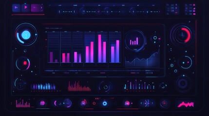 Obraz premium Abstract digital interface with holographic financial graphs and charts on a dark background with copy space.