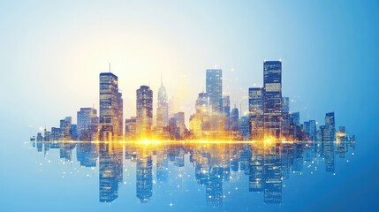 Obraz premium Abstract futuristic cityscape skyline with glowing buildings and wide space for overlay text. Digital technology theme.