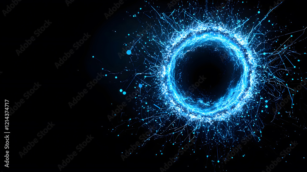 Poster glowing blue circular design with sparkles on a dark background