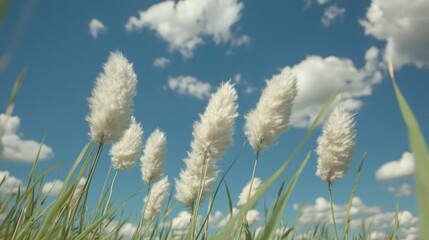Fluffy plants sway in a sunny field under a blue sky