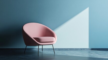 Pink armchair in blue room, sunlight. Interior design