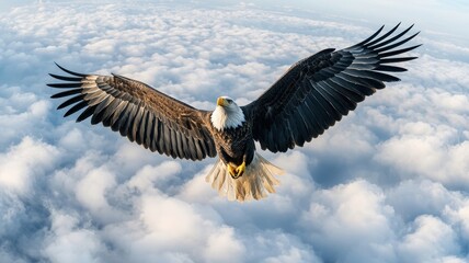 Majestic Bald Eagle Soaring Above a Sea of Clouds Wings Spread Wide Freedom