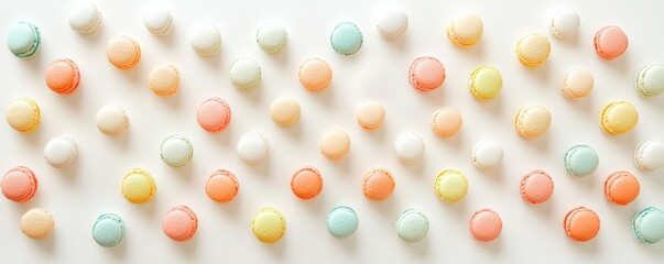 Colorful assortment of macarons arranged in a beautiful pattern on a white background