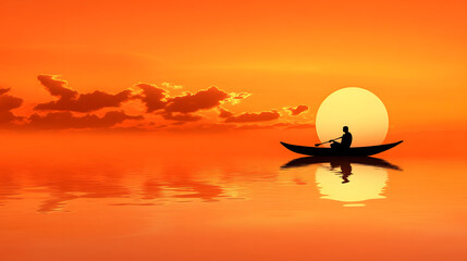 A serene sunset with a lone fisherman in a boat on calm waters