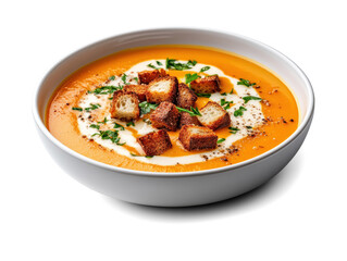 Pumpkin soup with croutons on transparent background