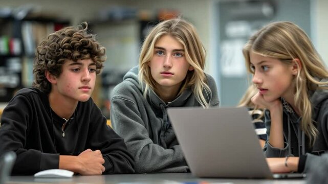 This Students work together at a desk, focused on their laptop and discussing ideas for schoolwork.