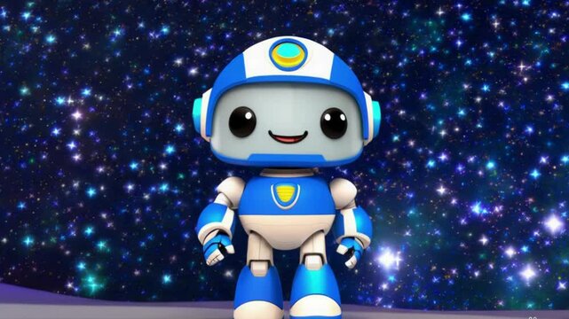 Cheerful robot exploring starry space: joyful animation in cosmic background