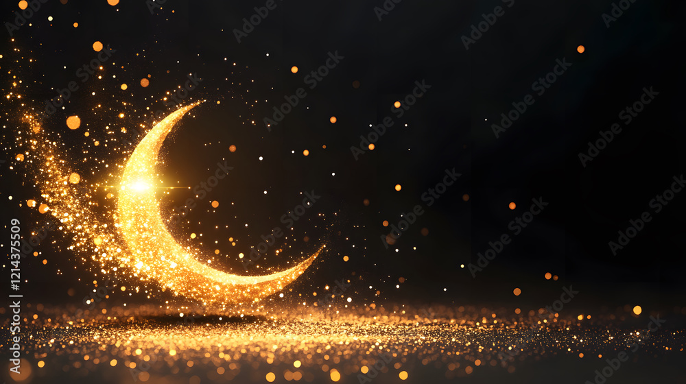 Poster golden crescent moon with sparkling particles against a dark background