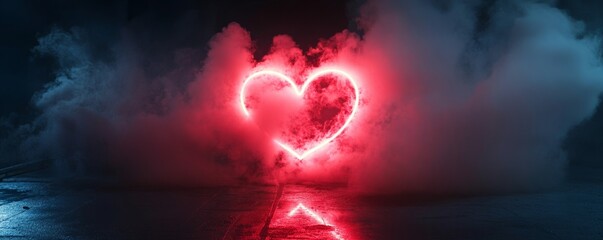 Glowing neon heart pulsing in smoky darkness, casting vibrant romantic mood