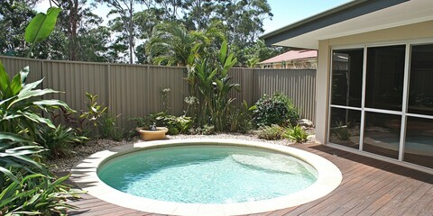 Backyard plunge pool, tropical garden, house, sunny day. Vacation rental