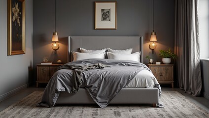 Fototapeta premium A cozy bed adorned with a crisp gray sheet, fluffy white pillows, and a snug gray blanket rests atop a chic gray-and-white patterned rug. A soft backdrop adds tranquility to the inviting scene