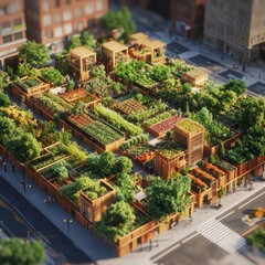 Aerial view of urban farm with diverse crops and wooden structures.