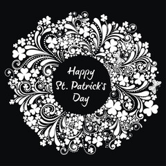 St Patrick's Day background.  illustration for lucky spring design with shamrock. Clover border and round frame isolated on Black background. Ireland symbol pattern.