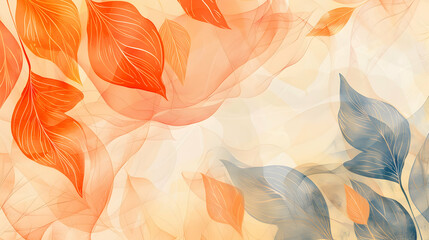A soft, abstract design featuring overlapping colorful leaves in warm tones.