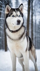 Stunning Siberian Husky with piercing blue eyes standing confidently in a snowy forest, embodying strength and elegance