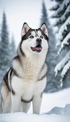 Naklejka premium Beautiful Siberian Husky standing in a winter wonderland, surrounded by frosted trees and tranquil snow-covered scenery