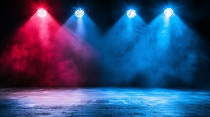 Obraz premium Red and blue spotlights illuminate a smoky stage.
