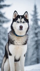 Obraz premium Beautiful Siberian Husky standing in a winter wonderland, surrounded by frosted trees and tranquil snow-covered scenery