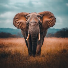Fototapeta premium Majestic African elephant facing forward in tall savanna grass under a cloudy sky.
