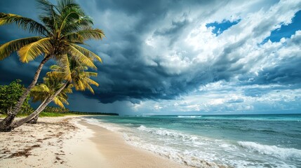 Dark storm clouds rolling in over a tropical beach, with palm trees swaying in the strong wind.