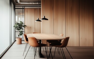 Modern Office Interior with Light Wood, Minimalistic Design, and Creative Atmosphere