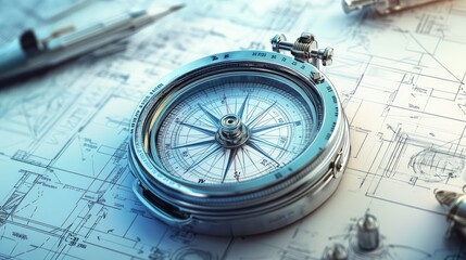 Close-up of a compass and sketch on blueprint paper, surrounded by bright space for design elements.