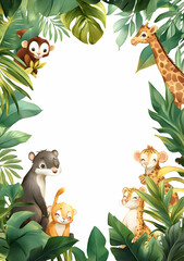 Naklejka premium A playful jungle scene featuring cartoon animals among lush tropical foliage.