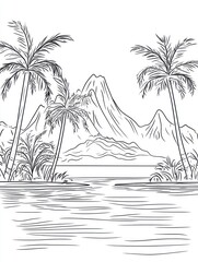 Tropical Island Scene With Palm Trees And Mountains