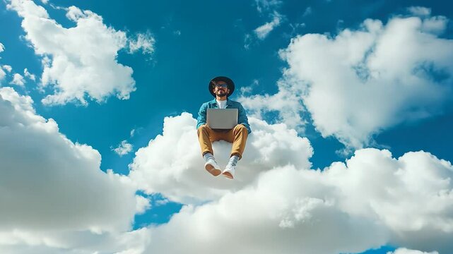 A relaxed individual sits atop a fluffy cloud with a laptop, immersed in creativity. The day is bright, with fluffy white clouds contrasting a stunning blue sky, inspiring imagination.