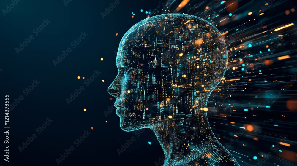 Wall mural digital ai brain generating luminous data streams radiating from silhouetted human profile against d